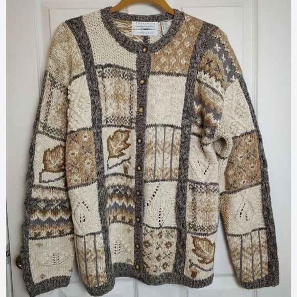 Portraits By Northern Isles Knitted By Hand Cozy Patchwork Cardigan Sweater Sz L - Picture 1 of 8